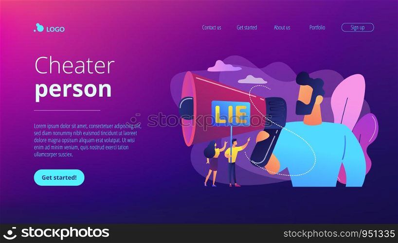 Businessman with huge megaphone cheating and tiny people holding word lie. Cheating in competition, cheater person, game cheats use concept. Website vibrant violet landing web page template.. Cheating concept landing page.