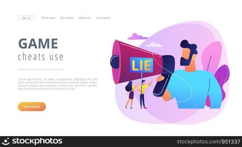 Businessman with huge megaphone cheating and tiny people holding word lie. Cheating in competition, cheater person, game cheats use concept. Website vibrant violet landing web page template.. Cheating concept landing page.