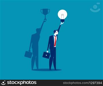 Businessman with idea bulb and successful shadow. Concept business vector illustration, Flat business cartoon, Trophy, Holding, charactor style.