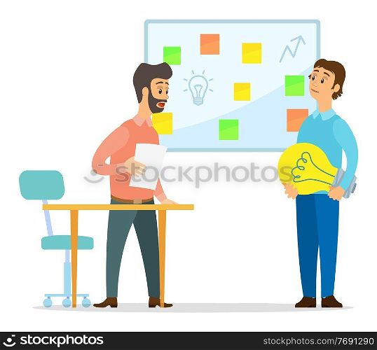 Businessman with idea bulb in office. Business idea development, strategies generation of innovate. Young happy man holding lightbulb, bearded man looks surprised. Business and motivation banner. Businessman with idea bulb in office. Business idea development, strategies generation concept