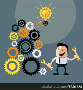 Businessman with ideas. Happy funny cartoon character. Businessman with lightbulb over his head and turns gears to run ideas flat design style