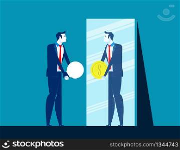 Businessman with ideas while mirror reflecting dollar sign. Concept business vector illustration, Currency, Achievement, Successful.
