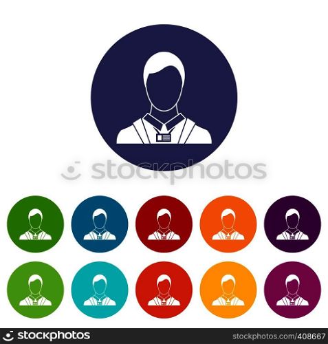 Businessman with identity name card set icons in different colors isolated on white background. Businessman with identity name card set icons