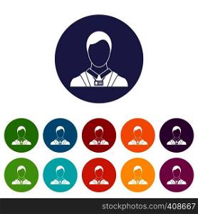 Businessman with identity name card set icons in different colors isolated on white background. Businessman with identity name card set icons
