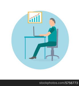 Businessman with laptop in office chair and red arrow on chart in flat design style