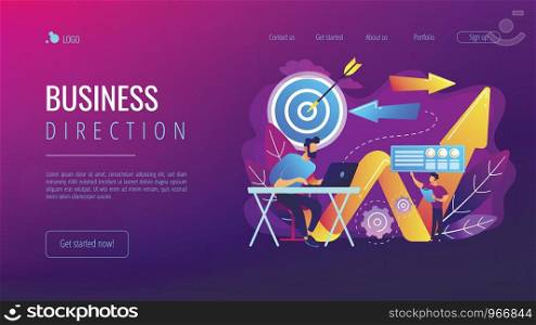 Businessman with laptop, target and arrows. Business direction and strategy, turnaround and change direction campaign concept on white background. Website vibrant violet landing web page template.. Business direction concept landing page.