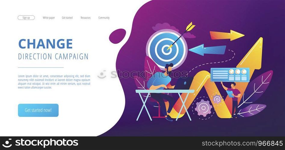 Businessman with laptop, target and arrows. Business direction and strategy, turnaround and change direction campaign concept on white background. Website vibrant violet landing web page template.. Business direction concept landing page.