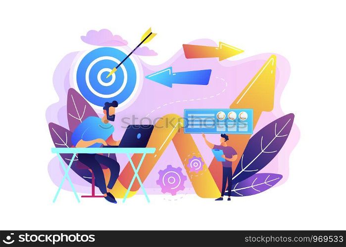 Businessman with laptop, target and arrows. Business direction and strategy, turnaround and change direction campaign concept on white background. Bright vibrant violet vector isolated illustration. Business direction concept vector illustration.