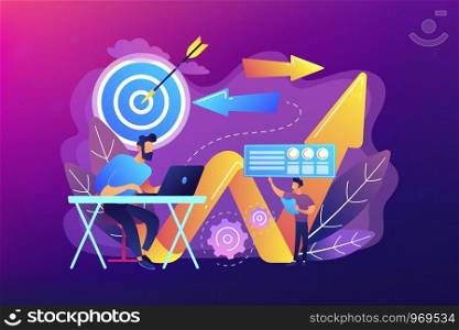 Businessman with laptop, target and arrows. Business direction, strategy and turnaround, change direction campaign concept on ultraviolet background. Bright vibrant violet vector isolated illustration. Business direction concept vector illustration.