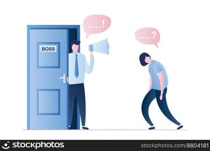 Businessman with loudspeaker in hand, office boss with megaphone stands in the doorway and unhappy tired woman employee,speech bubbles with signs,trendy style vector illustration