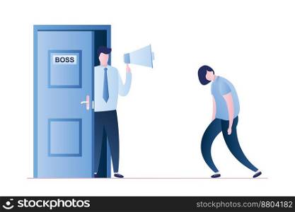 Businessman with loudspeaker in hand, office boss with megaphone stands in the doorway and unhappy tired woman employee,isolated on white background,trendy style vector illustration