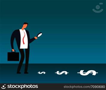 Businessman with magnifying glass looking at dollar symbols. Searching for profit business vector concept. Magnifying glass and dollar money profit, businessman discovery illustration. Businessman with magnifying glass looking at dollar symbols. Searching for profit business vector concept