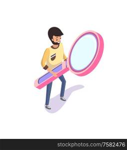 Businessman with magnifying glass on hands vector. Person searching for data, zooming and scrutinizing issue. Business process, male working with tool. Man Holding Big Magnifying Glass, Isolated 3D