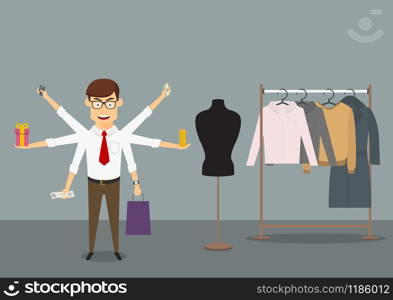 Businessman with many hands shopping in clothes store and holds bank credit card, money banknotes, stack of coins, gift box, paper shopping bag and receipt. Cartoon flat style. Multitasking businessman shopping in clothes store