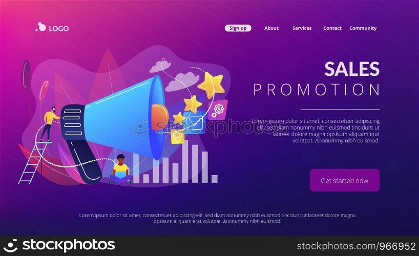 Businessman with megaphone promote media icons. Sales promotion and marketing, pomotion strategy, promotional products concept on white background. Website vibrant violet landing web page template.. Promotion strategy concept landing page.