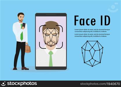 Businessman with mobile phone in hand,Man face on big smartphone screen,Face id concept background,Personality Recognition,place for text,vector illustration