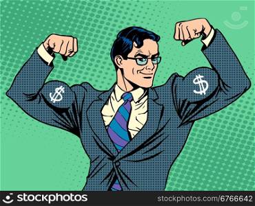 Businessman with muscles currency dollar pop art retro style. Businessman with muscles currency dollar