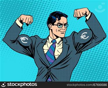 Businessman with muscles currency Euro pop art retro style. Businessman with muscles currency Euro