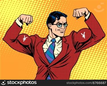 Businessman with muscles currency yen pop art retro style. Businessman with muscles currency yen