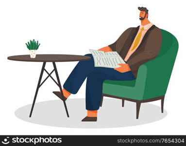 Businessman with newspaper sitting by table waiting for order. Man wearing casual clothes reading in cafe. Empty table with decorative potted plant. Cafeteria or bistro for lunch or drinks vector. Man Reading Newspaper in Coffeehouse Alone Vector