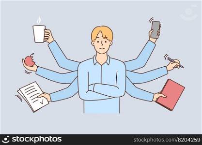 Businessman with numerous hands multitasking. Smiling successful man find balance do various tasks at work. Vector illustration.. Businessman with numerous tasks multitask