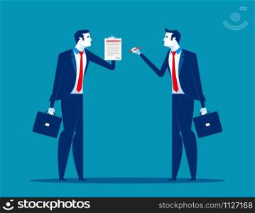 Businessman with partnership and agree to sign contract after to success business discussion. Concept business vector illustration. Flat design style.