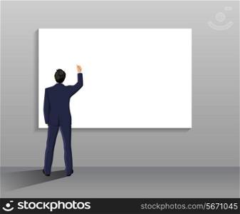 Businessman with pen in right hand full length back in front of white board vector illustration