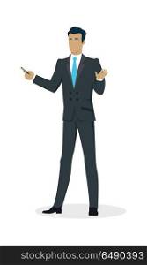 Businessman with Pointer. Businessman with black hair in black business suit and blue tie with pointer. Man personage in front. Business presentation concept. Isolated vector illustration on white background.