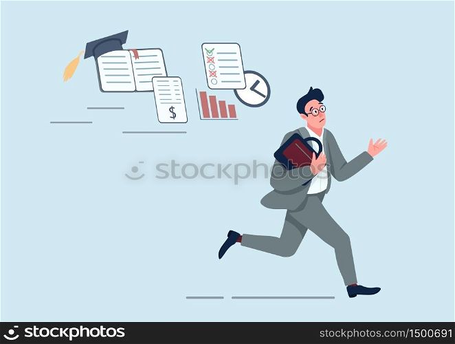 Businessman with problems flat concept vector illustration. Office worker running in panic 2D cartoon character for web design. Employee late for deadline. Panic attack, emotional stress creative idea. Businessman with problems flat concept vector illustration