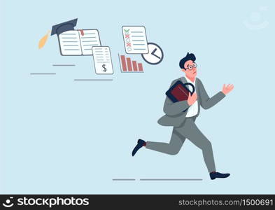 Businessman with problems flat concept vector illustration. Office worker running in panic 2D cartoon character for web design. Employee late for deadline. Panic attack, emotional stress creative idea. Businessman with problems flat concept vector illustration