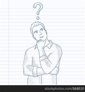 Businessman with question mark above his head. Hand drawn vector sketch illustration. Notebook paper in line background.. Businessman with question mark above his head.