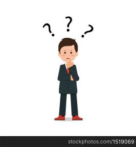 Businessman with question mark pondering problem isolated on white background, business people concept flat Vector Illustration