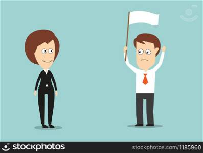 Businessman with raised hands and white flag conceded defeat in conflict with his female boss. Cartoon flat style. Businessman with white flag conceded defeat