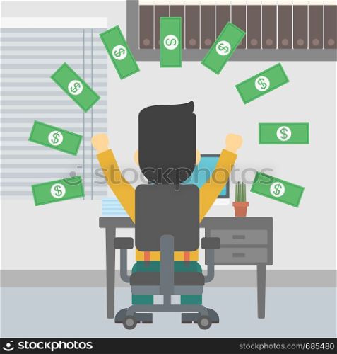 Businessman with raised hands celebrating while sitting under money rain. Successful business concept. Vector flat design illustration. Square layout.. Successful businessman under money rain.