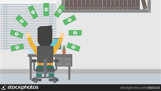Businessman with raised hands celebrating while sitting under money rain. Successful business concept. Vector flat design illustration. Horizontal layout.. Successful businessman under money rain.