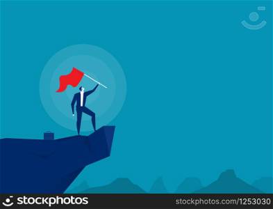 Businessman with red flag on top mountain peak. Goal achievement, leadership concept vector illustrator.