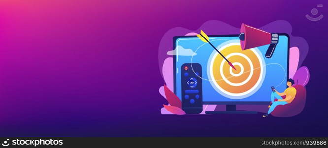 Businessman with remote control watching targeted TV ads. Addressable TV advertising, new advertising technology, targeting TV marketing concept. Header or footer banner template with copy space.. Addressable TV advertising concept banner header.