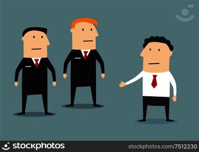 Businessman with security guards on meeting, cartoon flat style. Businessman with guards on meeting