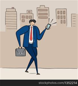 Businessman with smartphone and briefcase vector illustration, walking with city background. Black outlines and colored.
