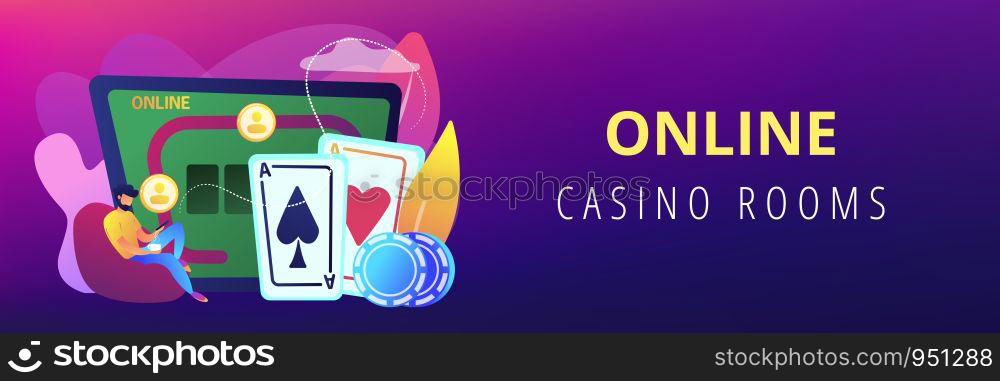 Businessman with smartphone playing poker online and casino table with cards and chips. Online poker, internet gambling, online casino rooms concept. Header or footer banner template with copy space.. Online poker concept banner header.