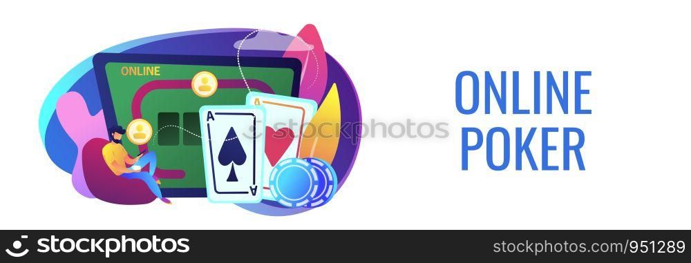 Businessman with smartphone playing poker online and casino table with cards and chips. Online poker, internet gambling, online casino rooms concept. Header or footer banner template with copy space.. Online poker concept banner header.