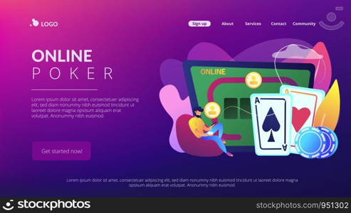 Businessman with smartphone playing poker online and casino table with cards and chips. Online poker, internet gambling, online casino rooms concept. Website vibrant violet landing web page template.. Online poker concept landing page.