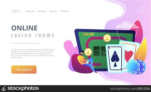 Businessman with smartphone playing poker online and casino table with cards and chips. Online poker, internet gambling, online casino rooms concept. Website vibrant violet landing web page template.. Online poker concept landing page.