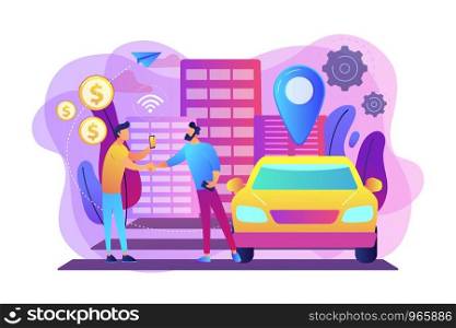 Businessman with smartphone rents a car in the street via carsharing service. Carsharing service, short periods rent, best taxi alternative concept. Bright vibrant violet vector isolated illustration. Carsharing service concept vector illustration.