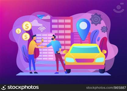 Businessman with smartphone rents a car in the street via carsharing service. Carsharing service, short periods rent, best taxi alternative concept. Bright vibrant violet vector isolated illustration. Carsharing service concept vector illustration.