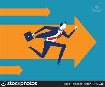 Businessman with smartphone running forward. Concept business technology vector illustration.