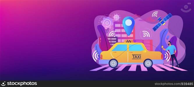 Businessman with smartphone taking driverless taxi with sensors and location pin. Autonomous taxi, self-driving taxi, on-demand car service concept. Header or footer banner template with copy space.. Autonomous taxi concept banner header.