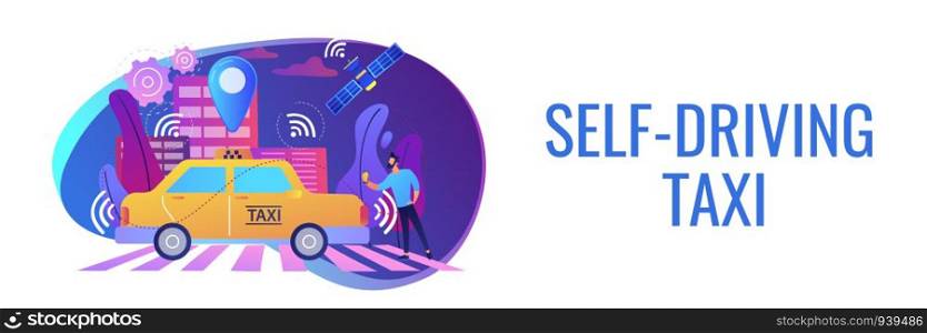 Businessman with smartphone taking driverless taxi with sensors and location pin. Autonomous taxi, self-driving taxi, on-demand car service concept. Header or footer banner template with copy space.. Autonomous taxi concept banner header.