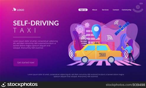 Businessman with smartphone taking driverless taxi with sensors and location pin. Autonomous taxi, self-driving taxi, on-demand car service concept. Website vibrant violet landing web page template.. Autonomous taxi concept landing page.