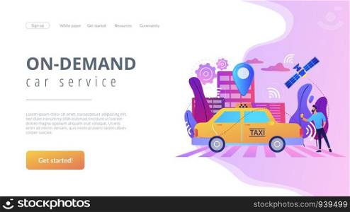Businessman with smartphone taking driverless taxi with sensors and location pin. Autonomous taxi, self-driving taxi, on-demand car service concept. Website vibrant violet landing web page template.. Autonomous taxi concept landing page.